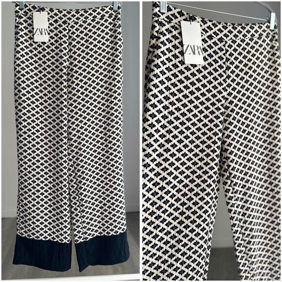 NWT Zara Printed Pants Ecru Black Medium - Picture 2 of 5